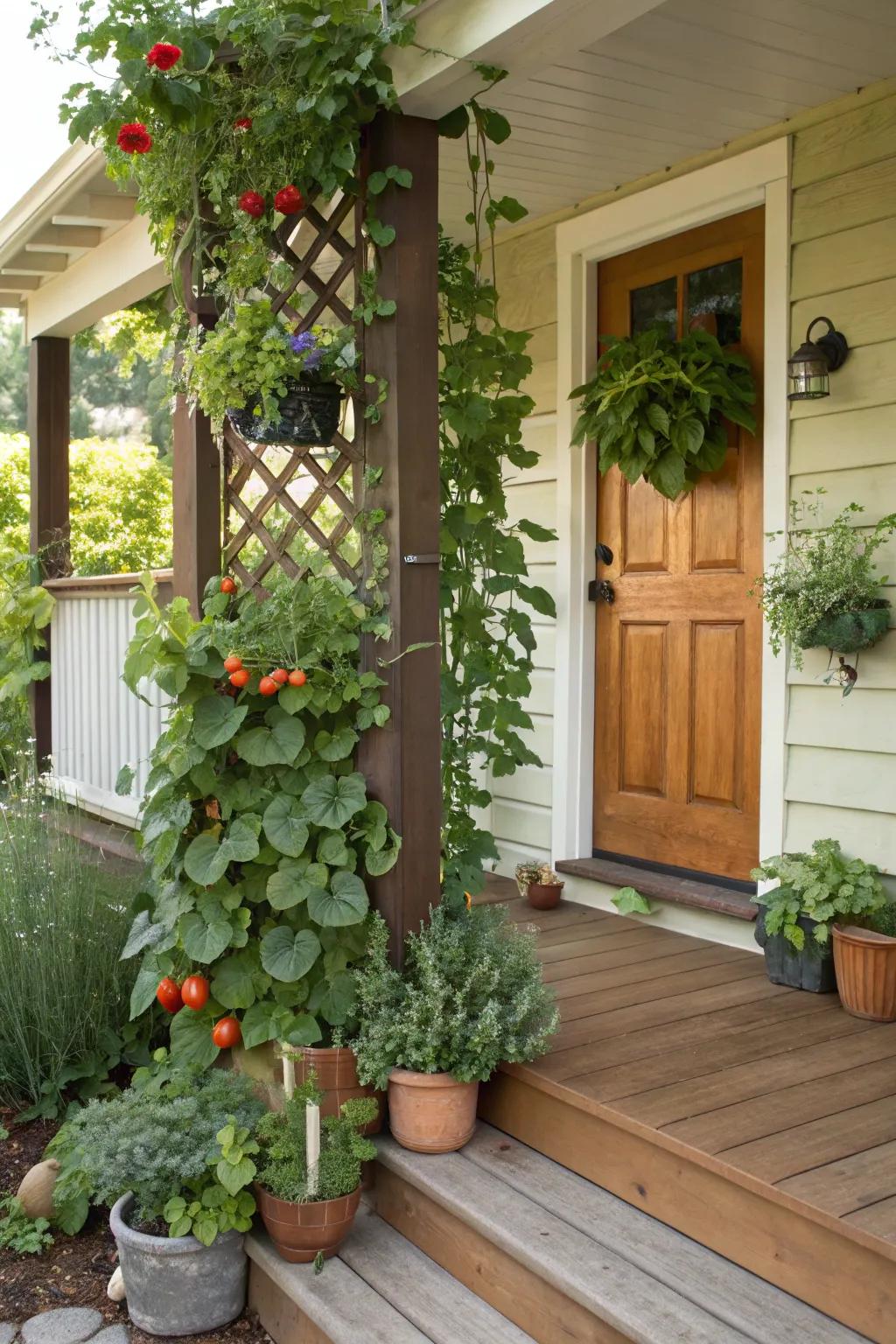 A functional trellis abundant with fresh, edible plants.
