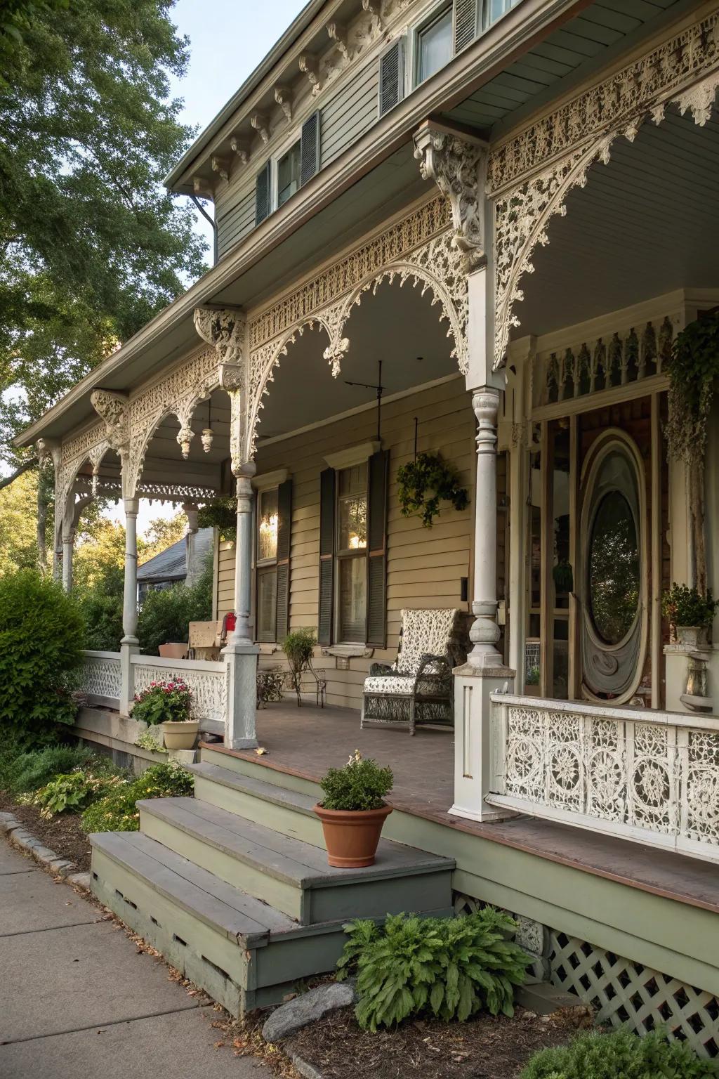 Architectural salvage adds history and sophistication to the porch.