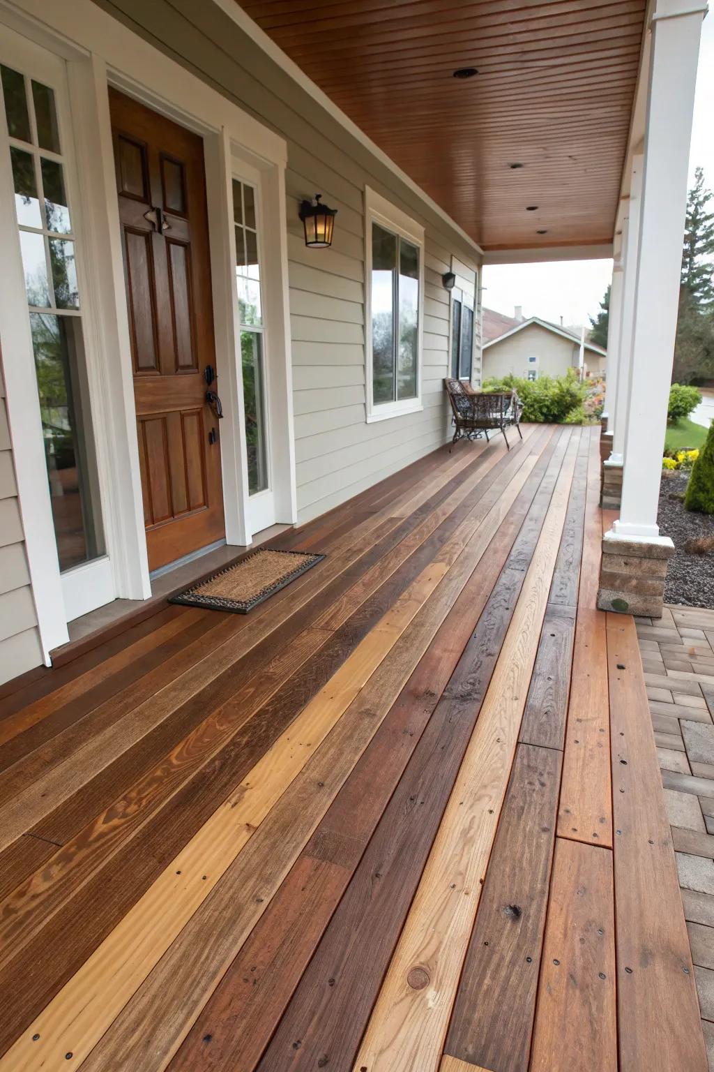 Layered wood flooring creating a textured and inviting porch.