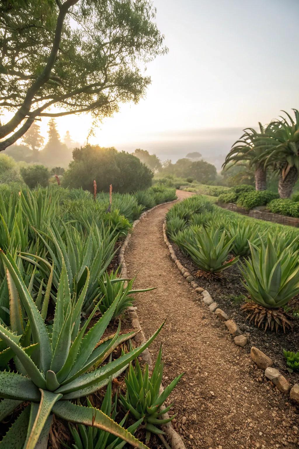 Natural mulch paths among aloe vera plants