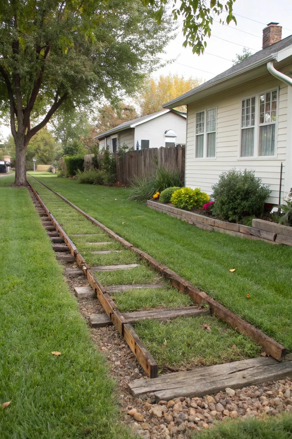 Railroad ties bring a rustic charm and robustness to this lawn.