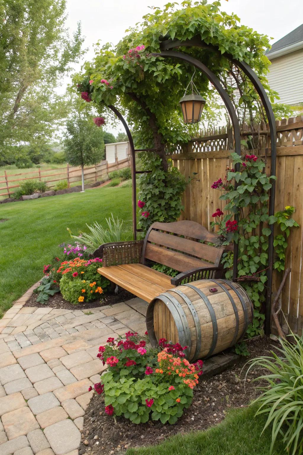 A whimsical barrel bench adds a unique and charming feature.