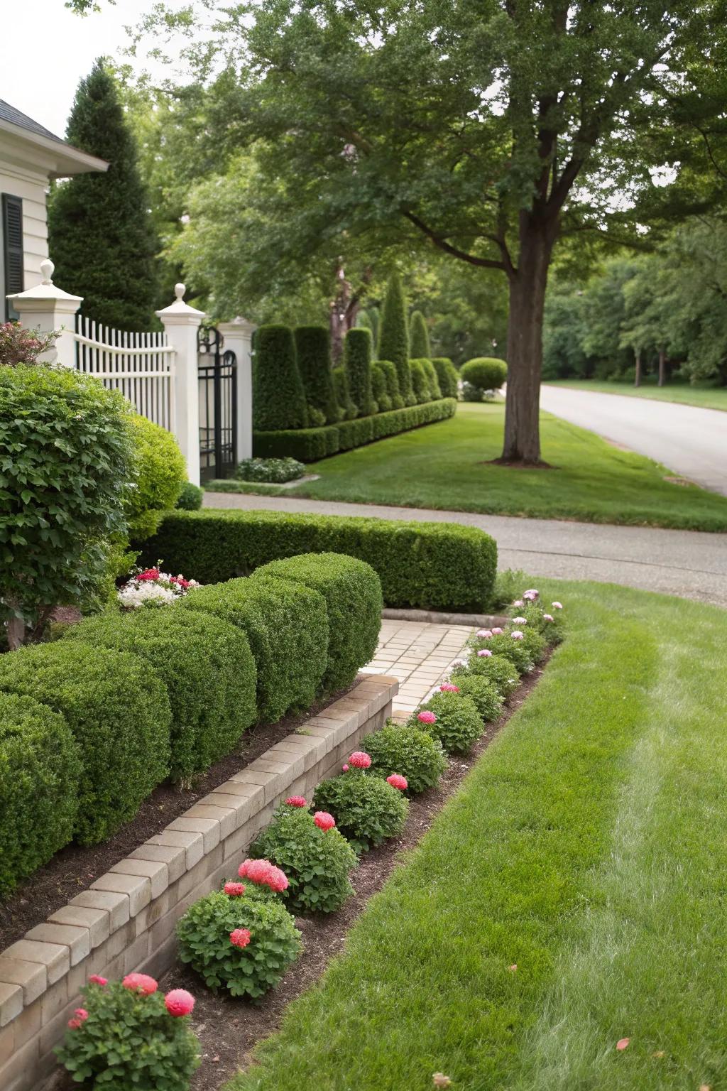 Boxwood borders provide a clean, tailored edge.
