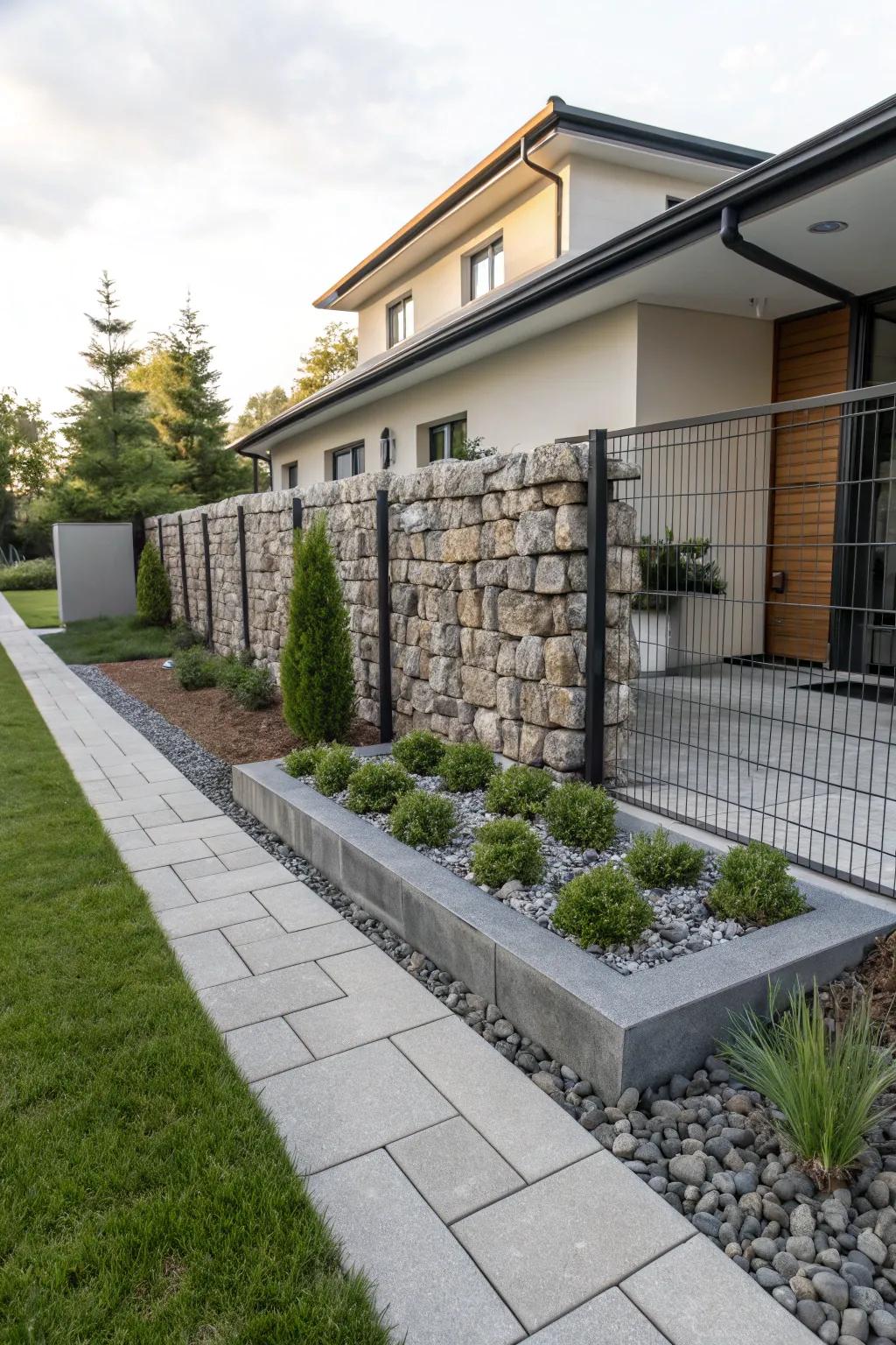 Gabion walls provide a modern, industrial touch.