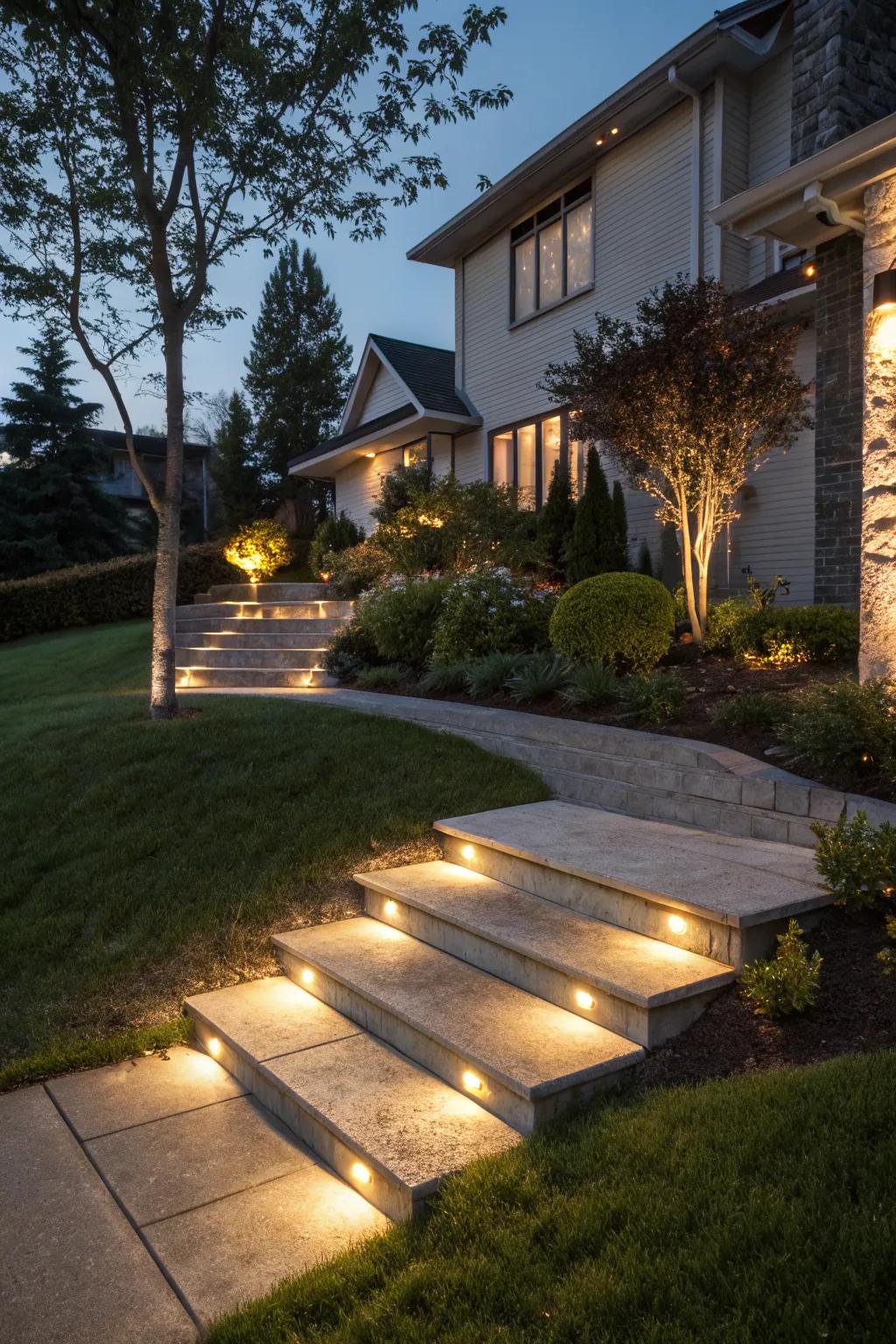Illuminated concrete steps add safety and style to this entrance.