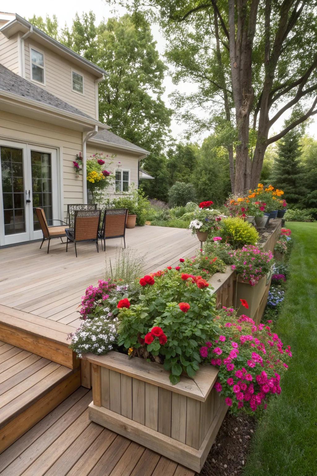 Built-in planters adding greenery to a front yard deck.