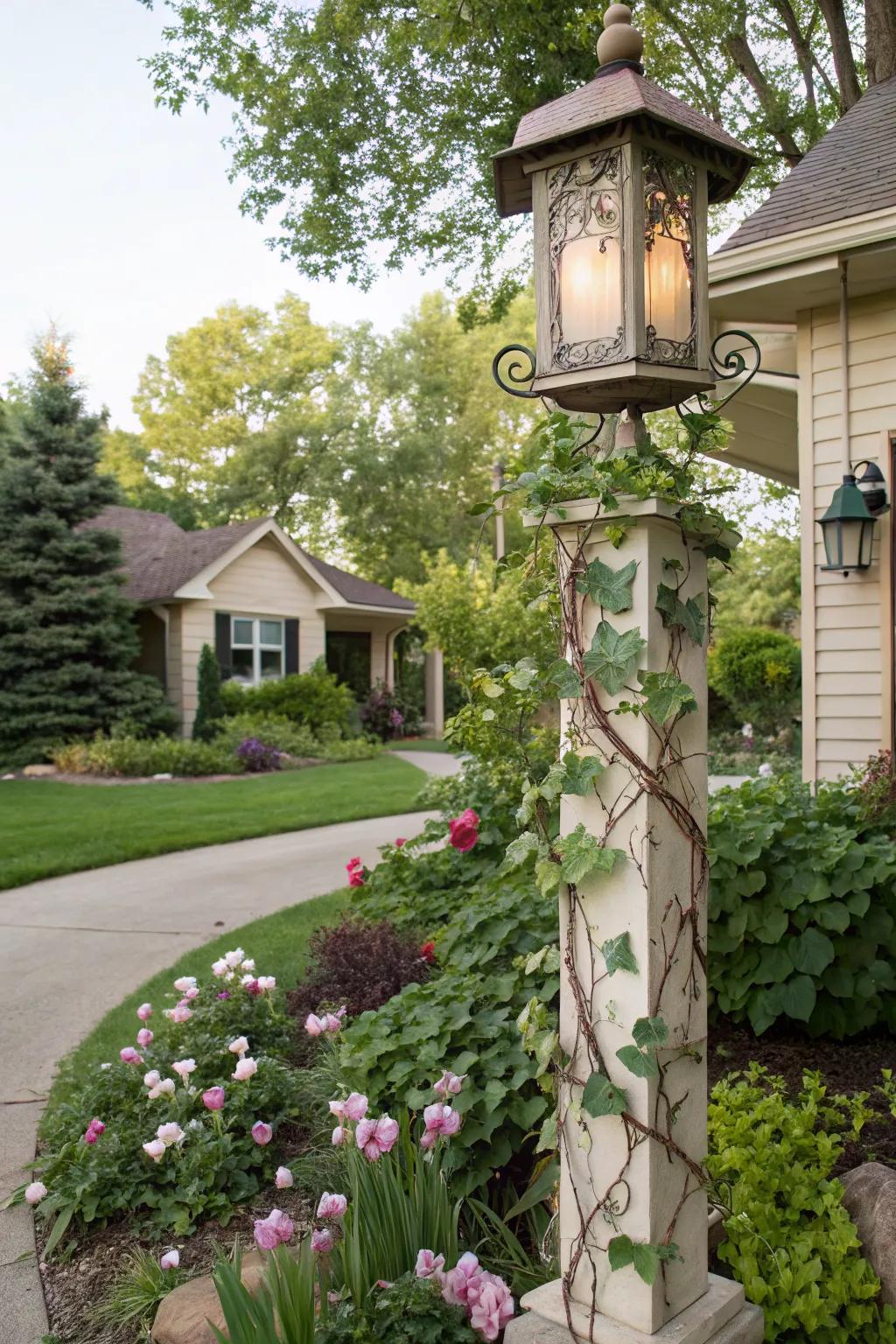 Nature-inspired light post blending seamlessly with garden surroundings.
