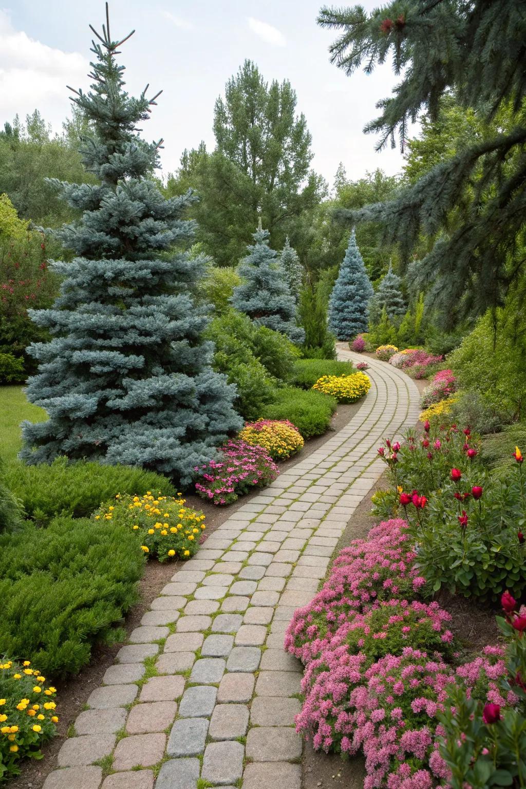 Create whimsical pathways with dwarf blue spruce.