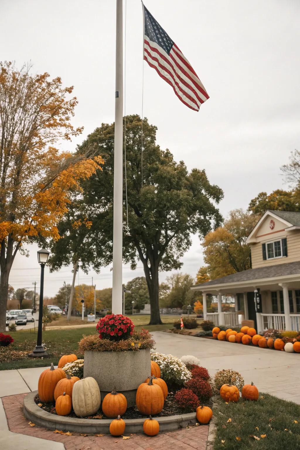 Seasonal decor keeps the flagpole area lively.