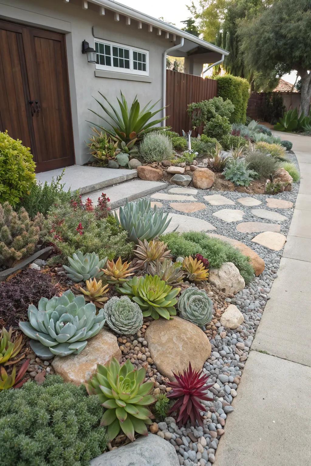 A vibrant mix of gravel and succulents.