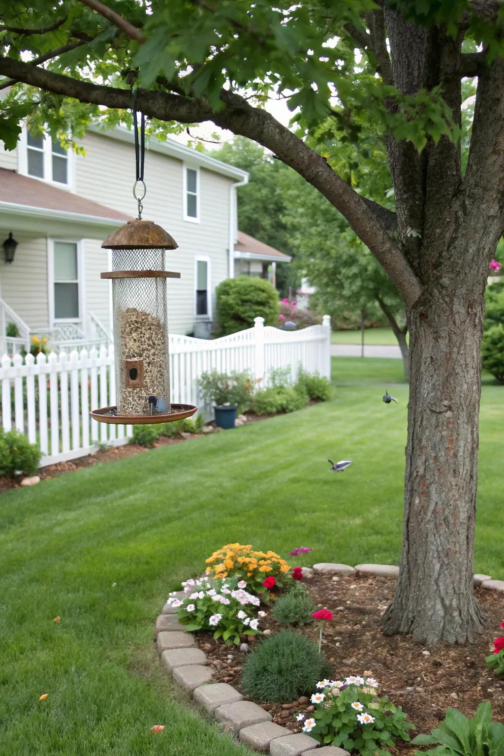 A bird feeder attracts delightful feathered visitors.