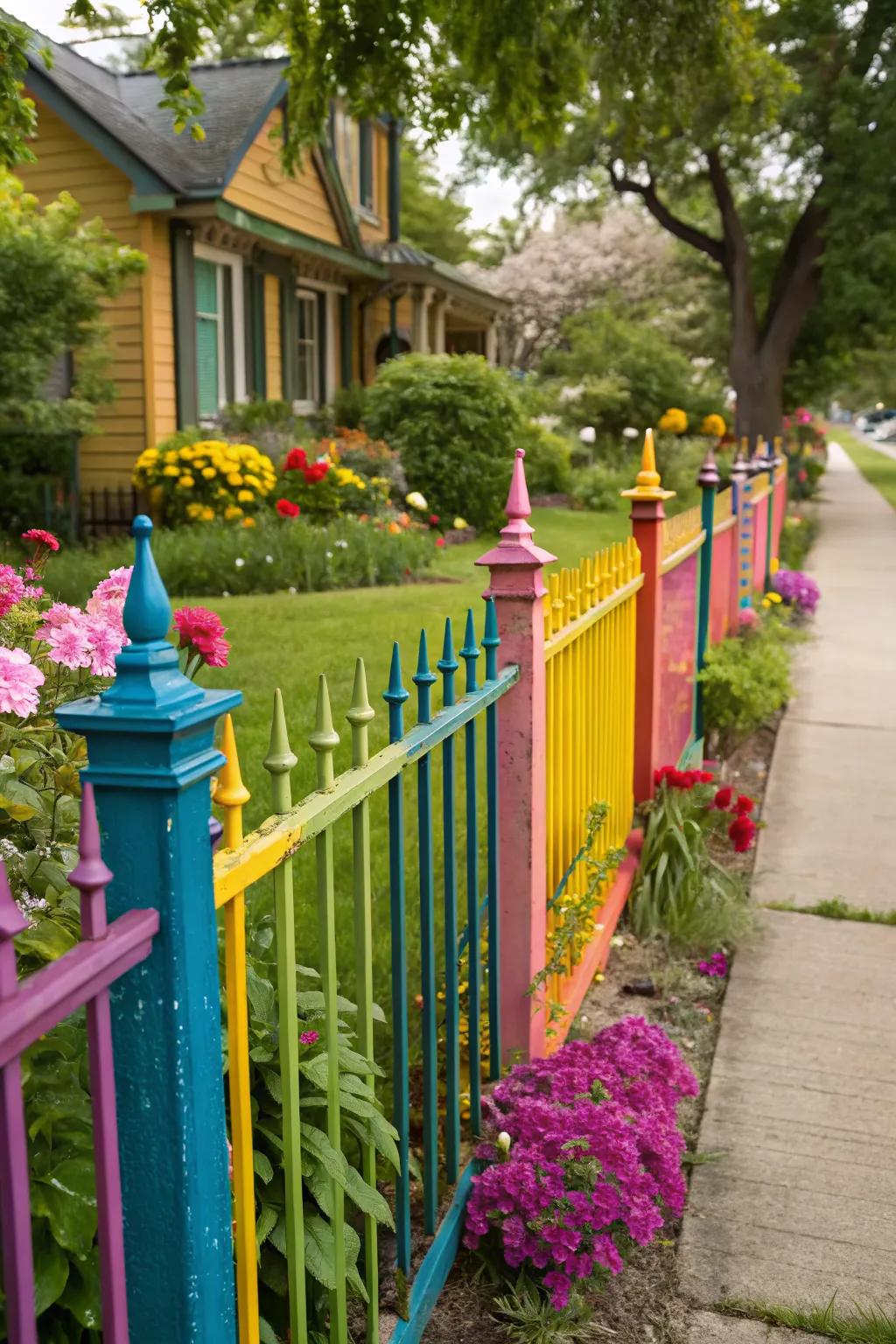 A colorful iron fence adds a cheerful touch to this vibrant front yard.