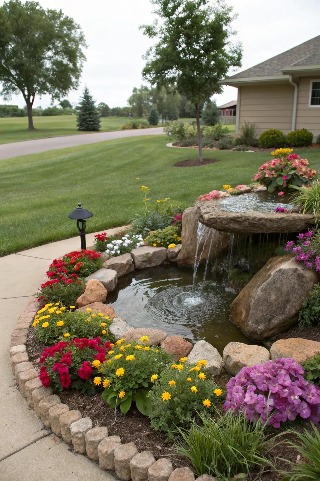 An island flower bed in a front yard featuring a small water feature for a calming effect.
