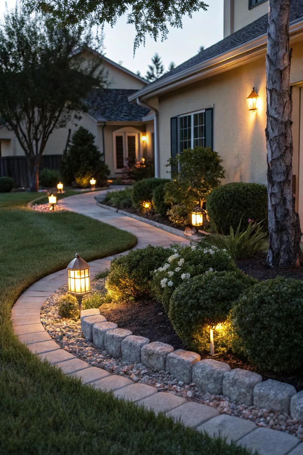 Decorative lighting enhances the landscape edging, creating a warm evening glow.