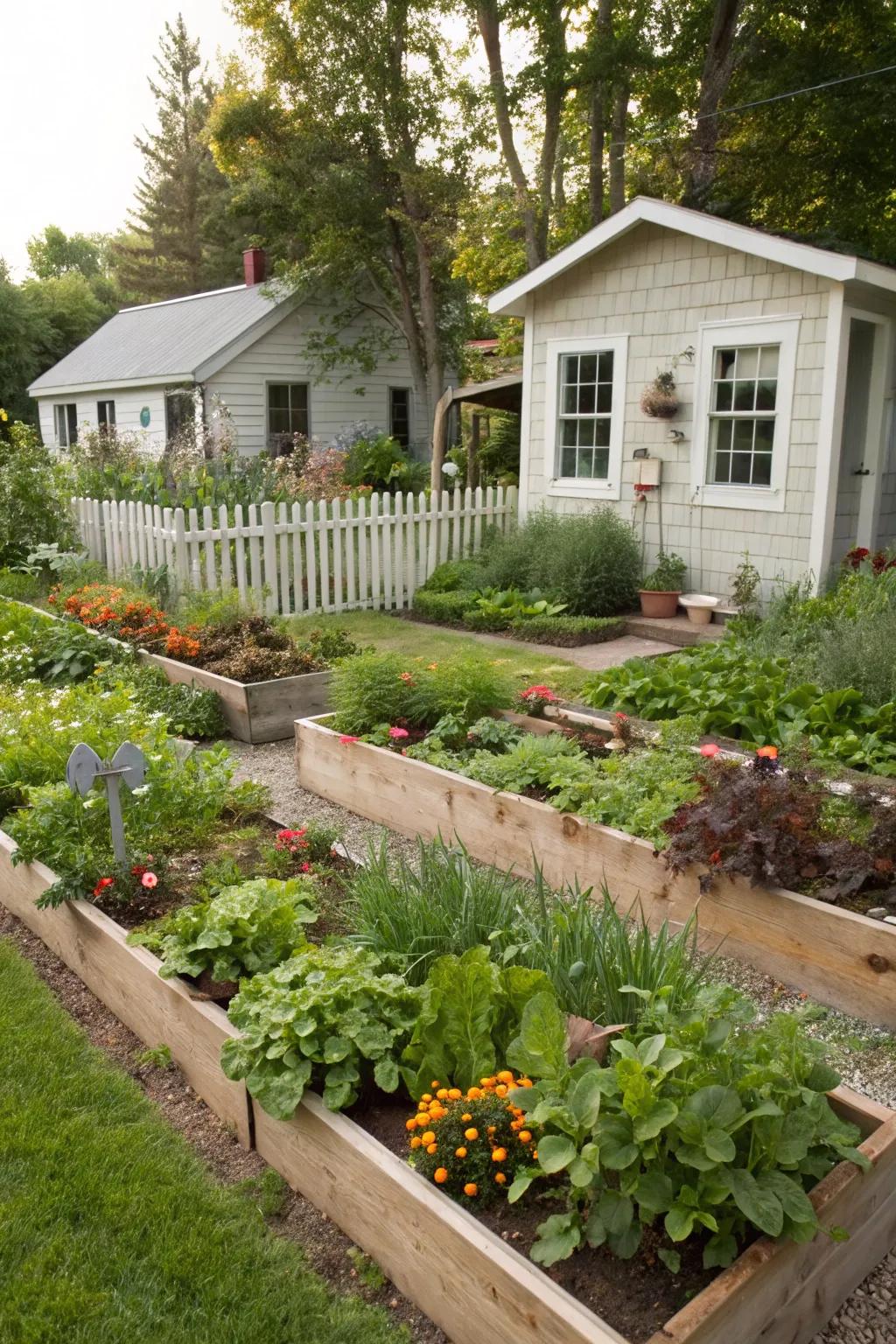 Raised beds add dimension and variety, making gardening more accessible.