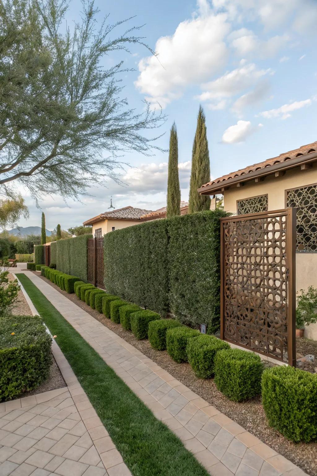 Hedges and screens add privacy to an Arizona front yard.