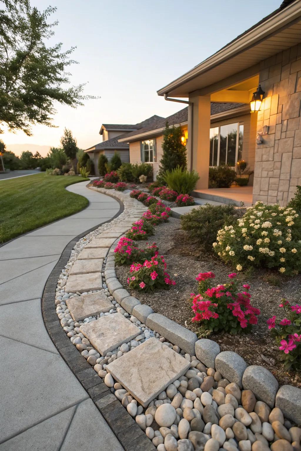 Pebble borders that subtly define and enhance garden edges.