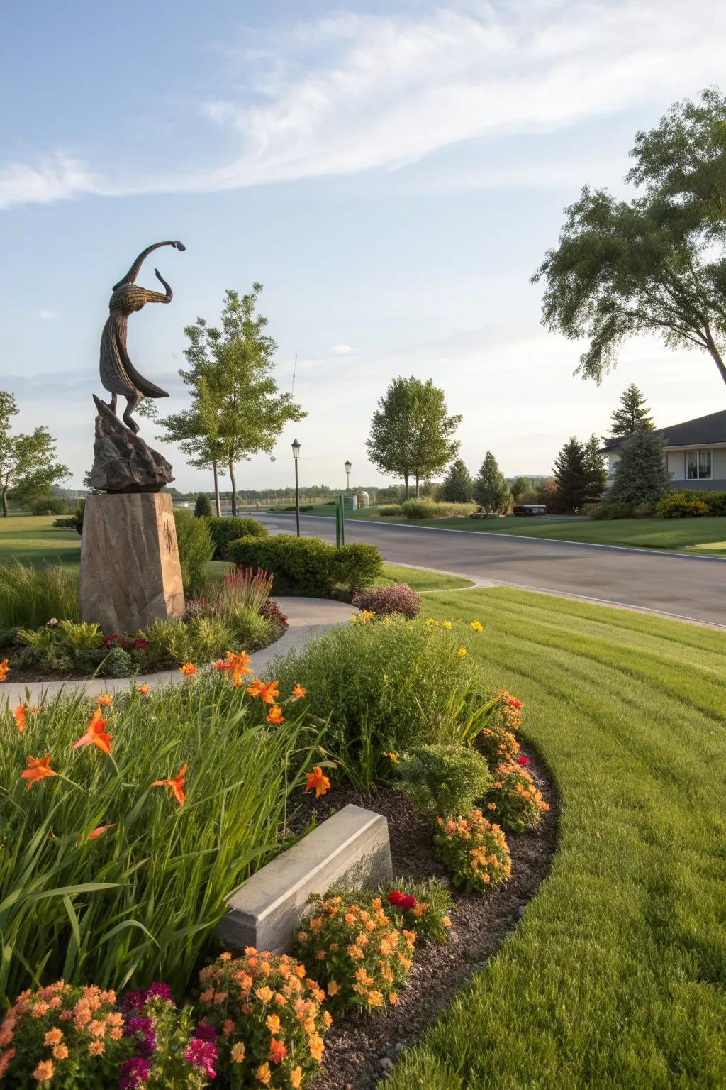 Artistic sculptures adding a unique touch to a Zone 6 front yard.