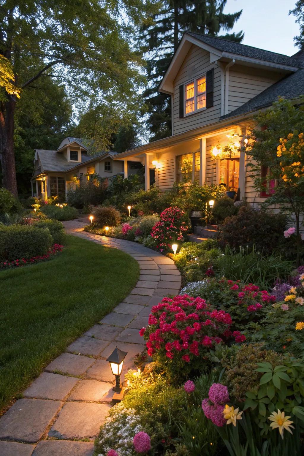 Solar lighting enhancing the beauty of a front yard at night.