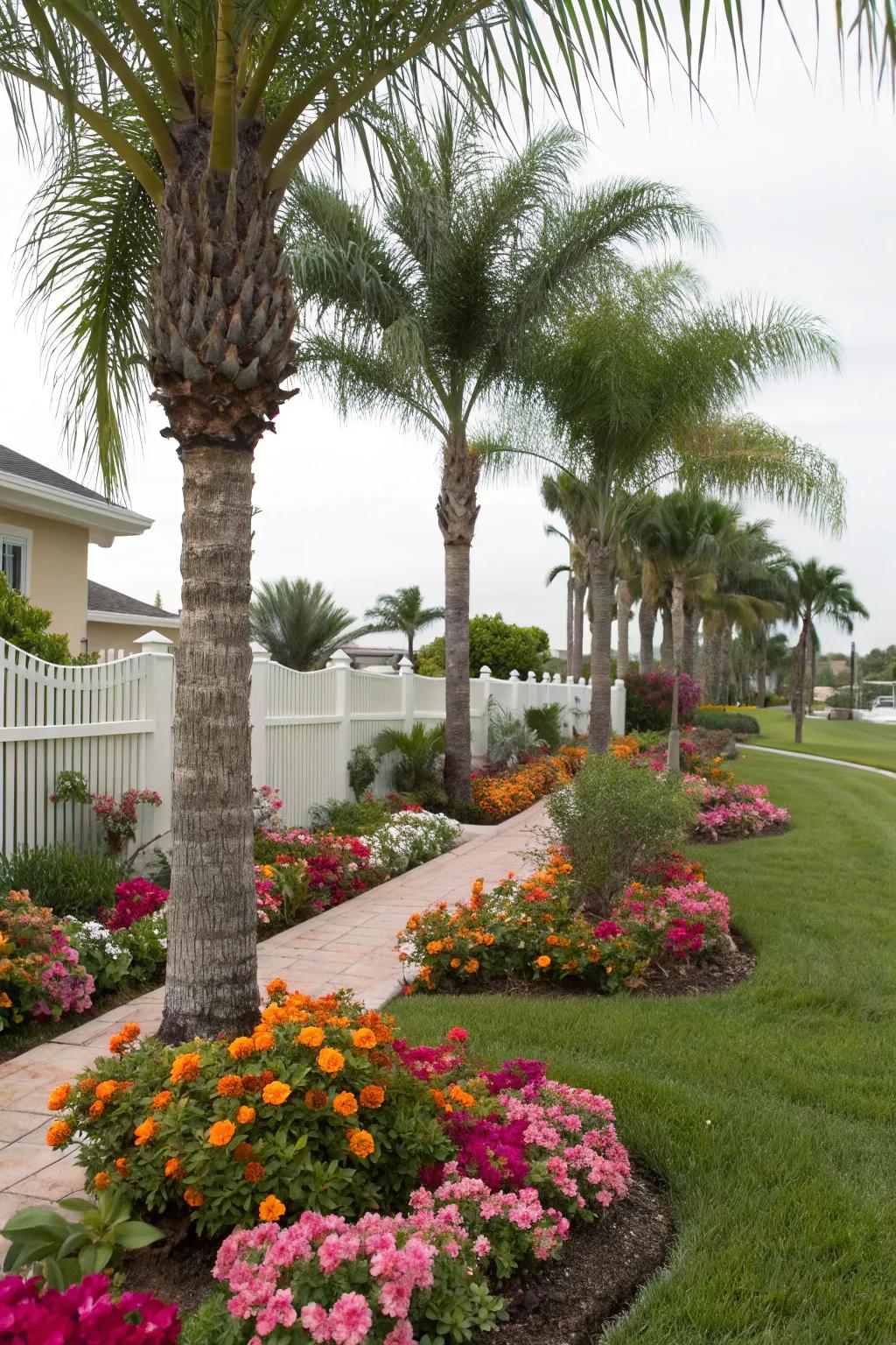 Seasonal blooms around palms bring vibrant, changing colors to your yard.