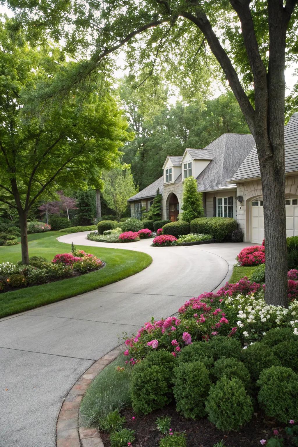 Curved driveway adding elegance and guiding the landscape.