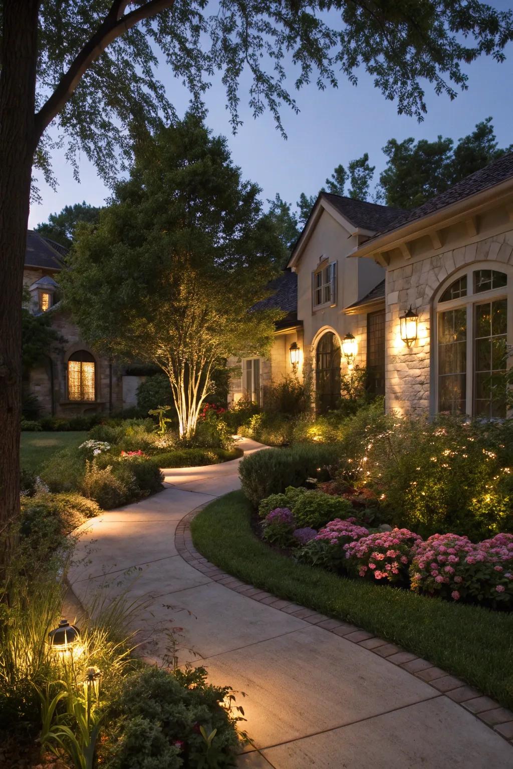 A front yard transformed by strategic lighting for evening enjoyment.