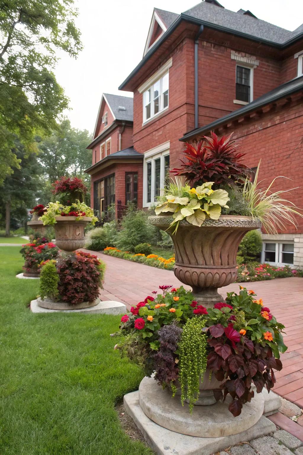 Unique planters create a striking focal point in this front yard.