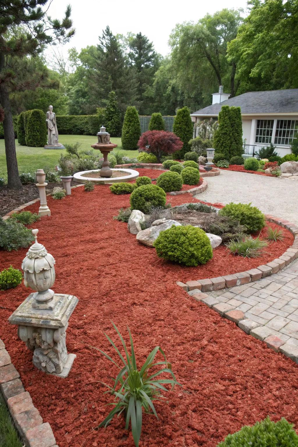 A bold front yard statement with extensive red mulch coverage.