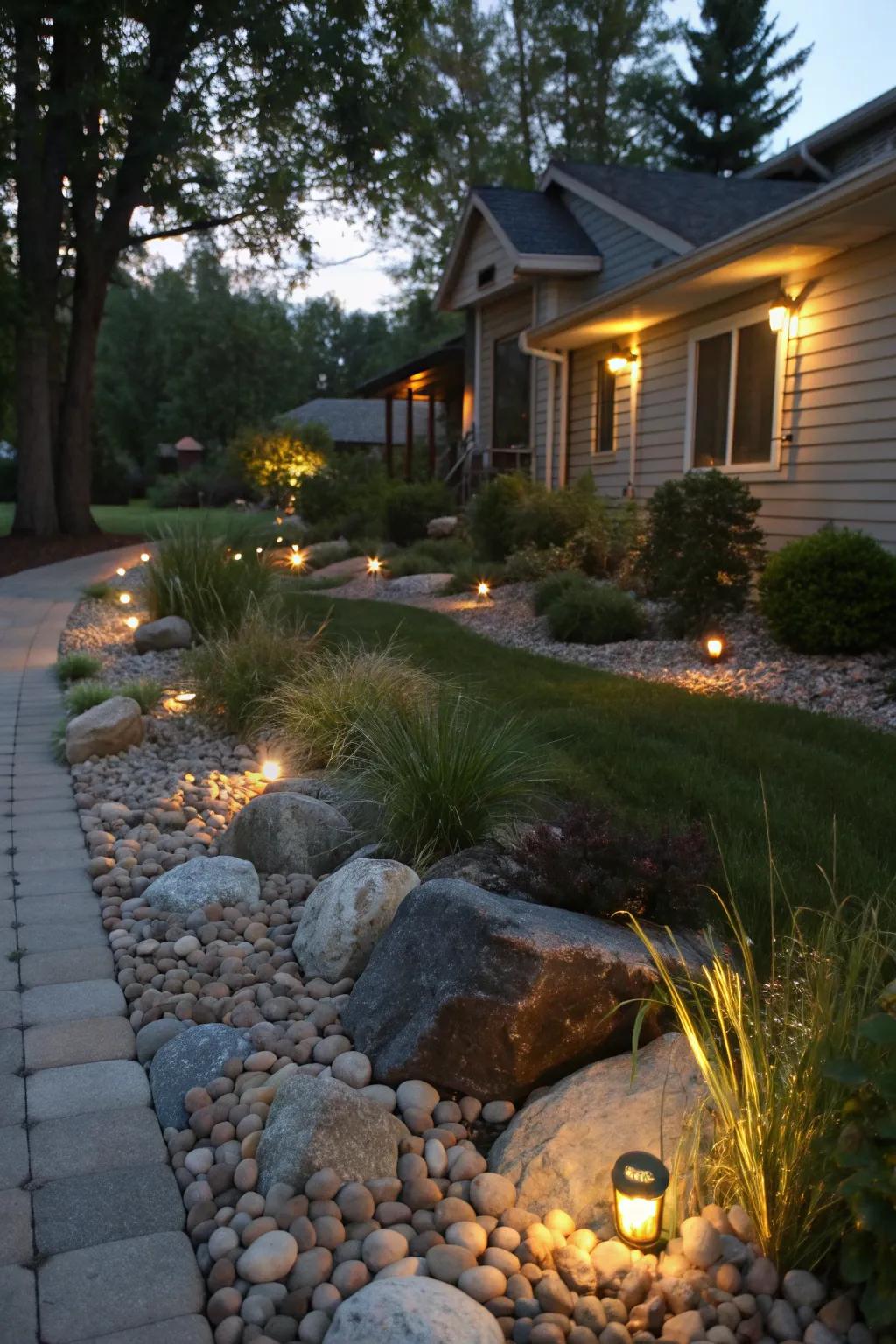 Lighting among rocks creates a magical evening ambiance.