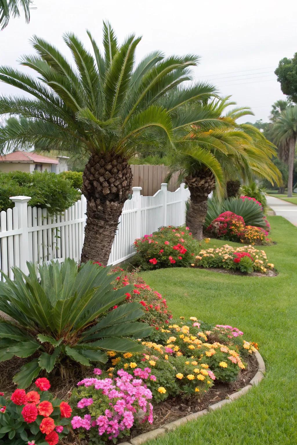 Seasonal flowers add vibrant color accents to sago palms.