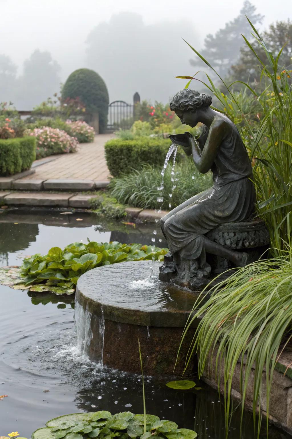 A water feature statue creating a serene atmosphere.
