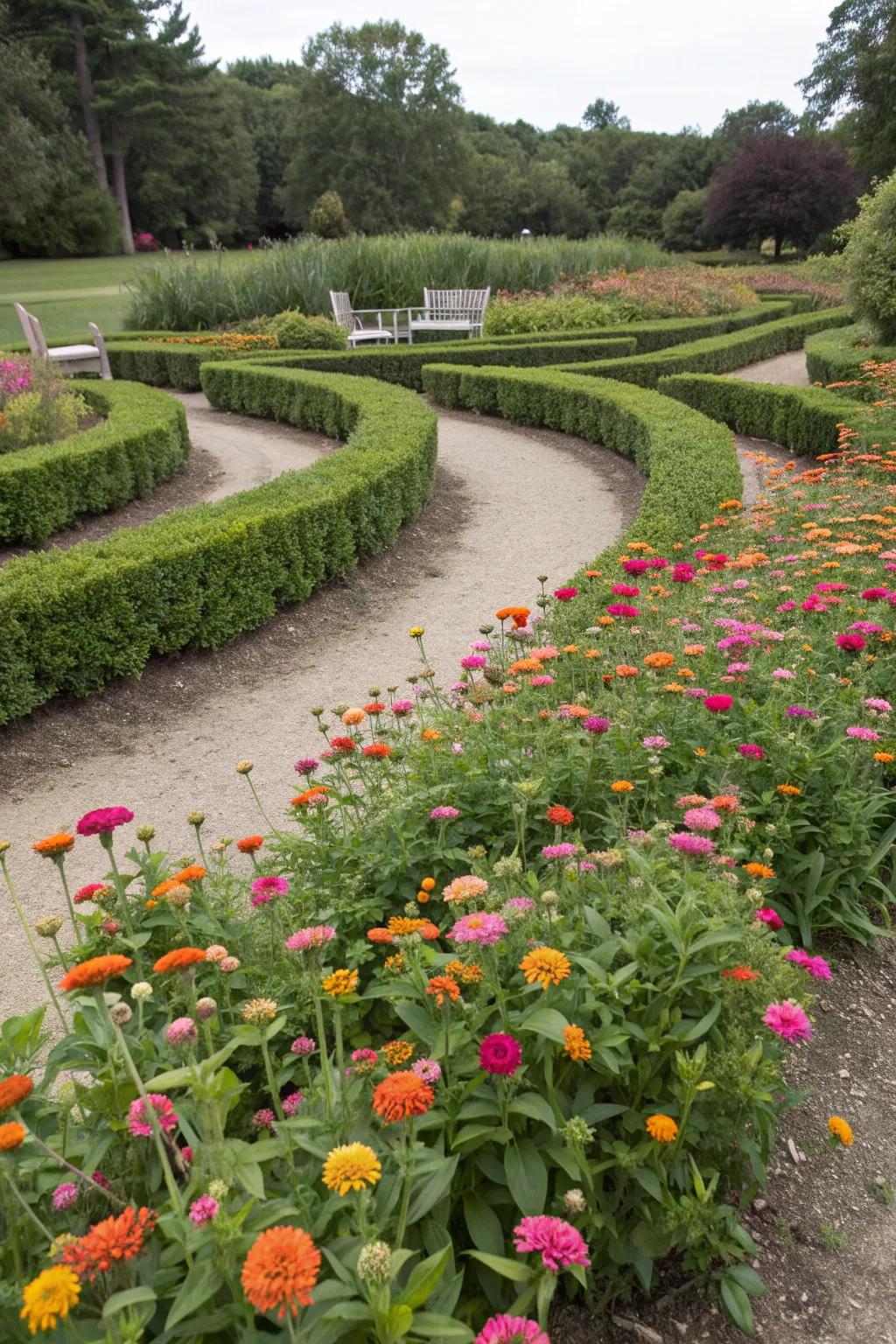 A zinnia maze adds a playful and interactive garden feature.