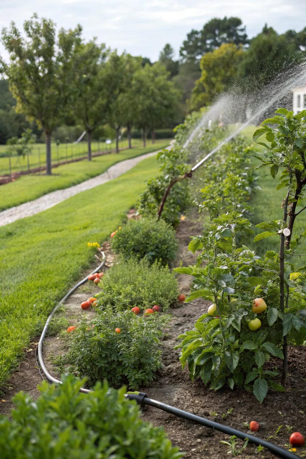 A drip irrigation system efficiently watering a fruit garden.