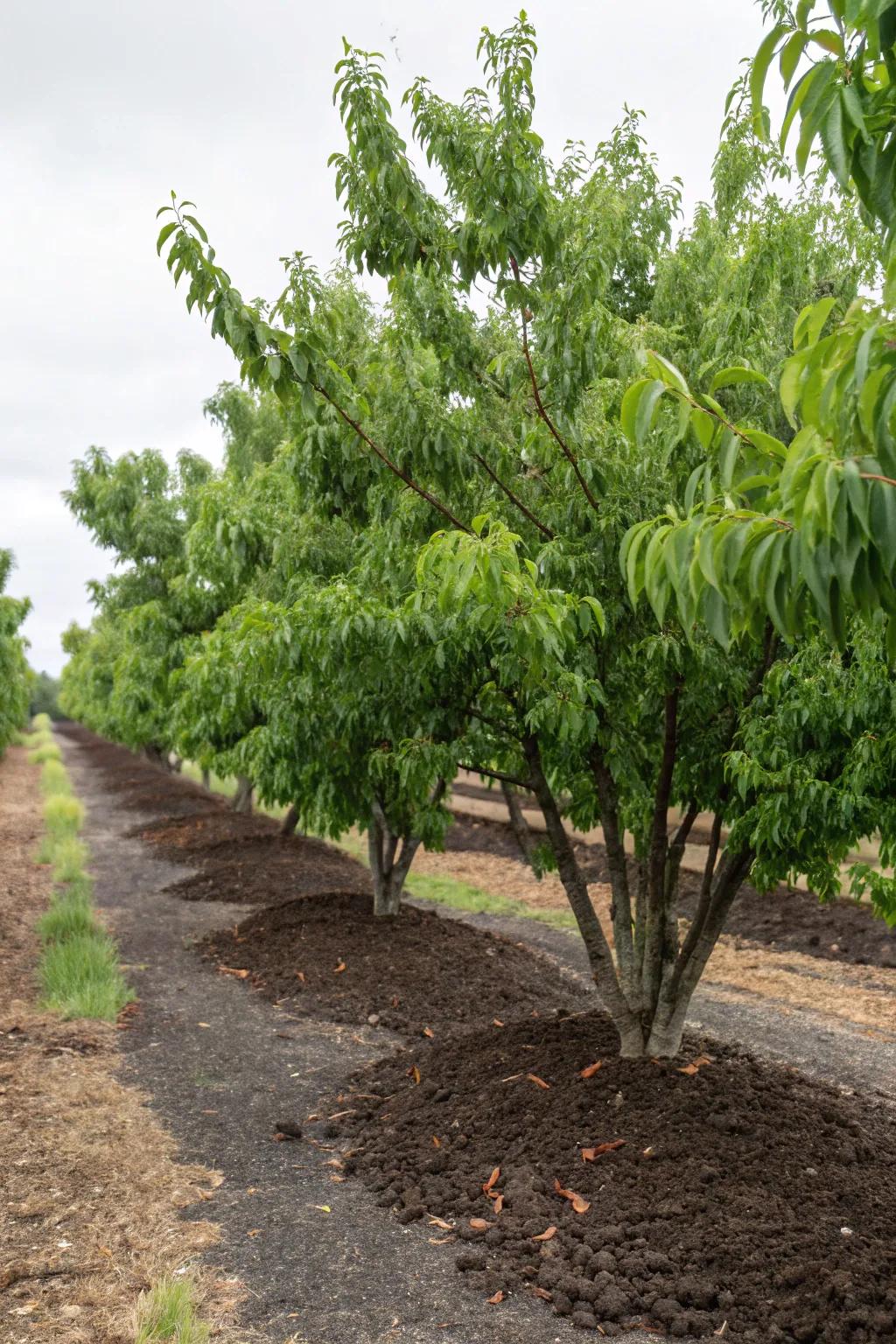 Mulching around fruit trees helps retain moisture and suppress weeds.