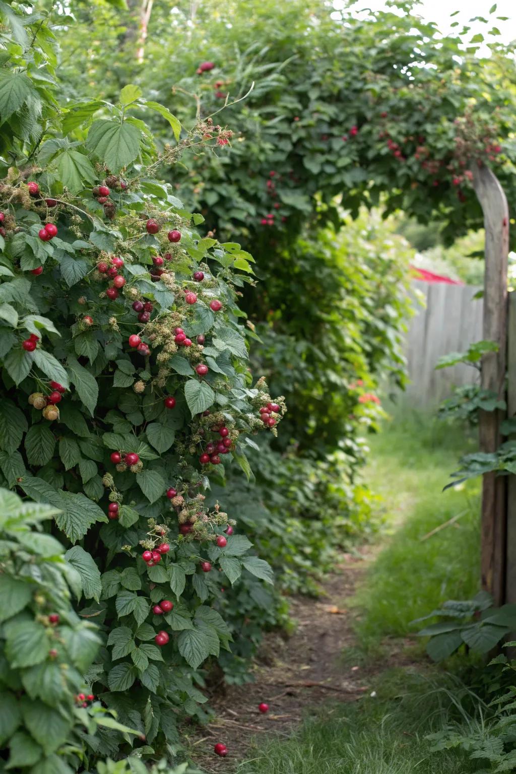 Raspberry bushes double as beautiful natural screens for privacy.