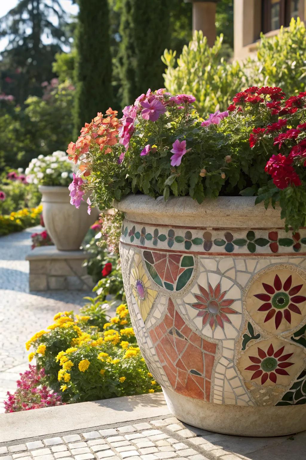 Mosaic pots add an artistic flair to any sunny garden, filled with vibrant flowers.