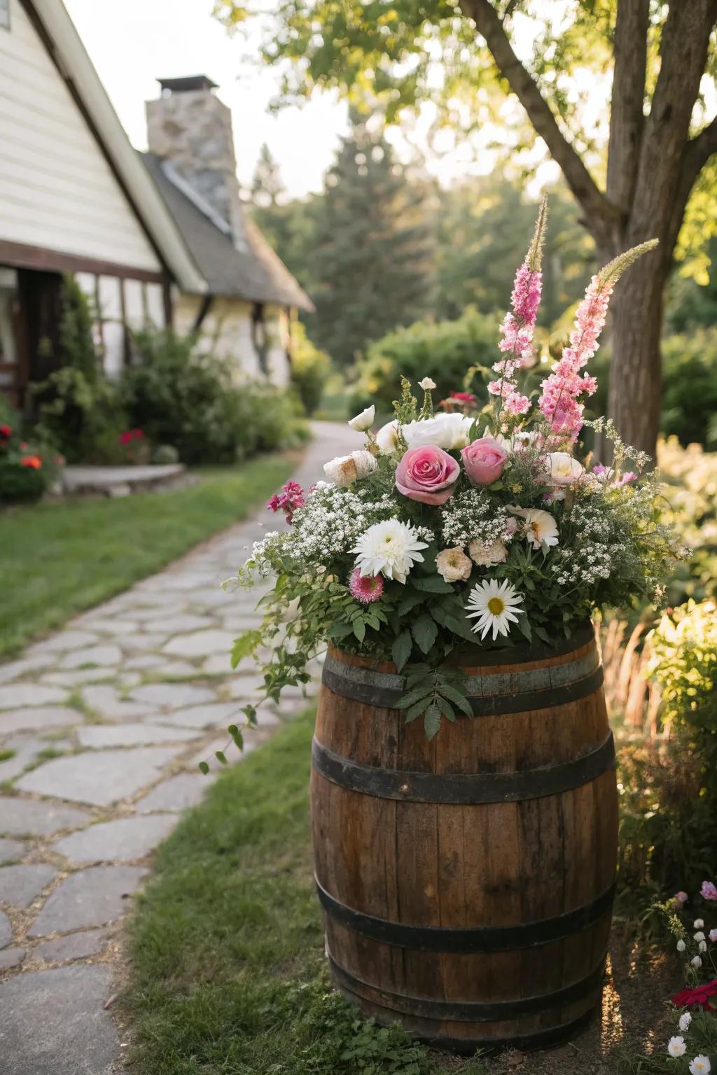 A charming cottage garden mix in a whiskey barrel.