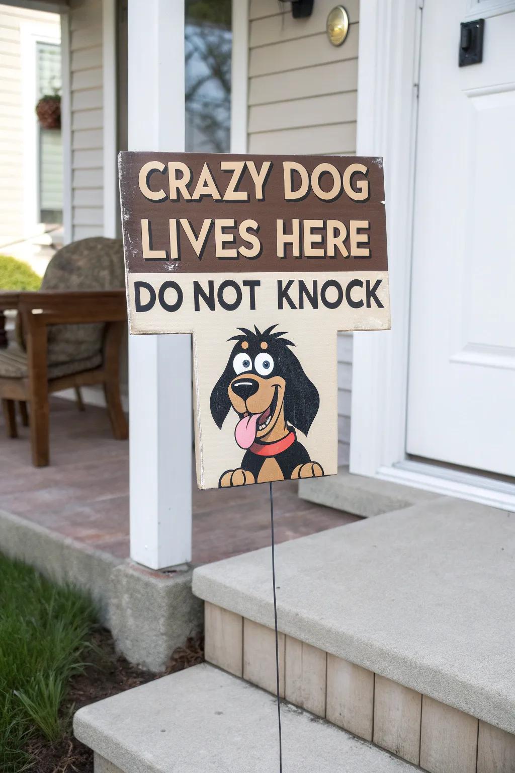 A humorous porch sign warning visitors with a playful twist