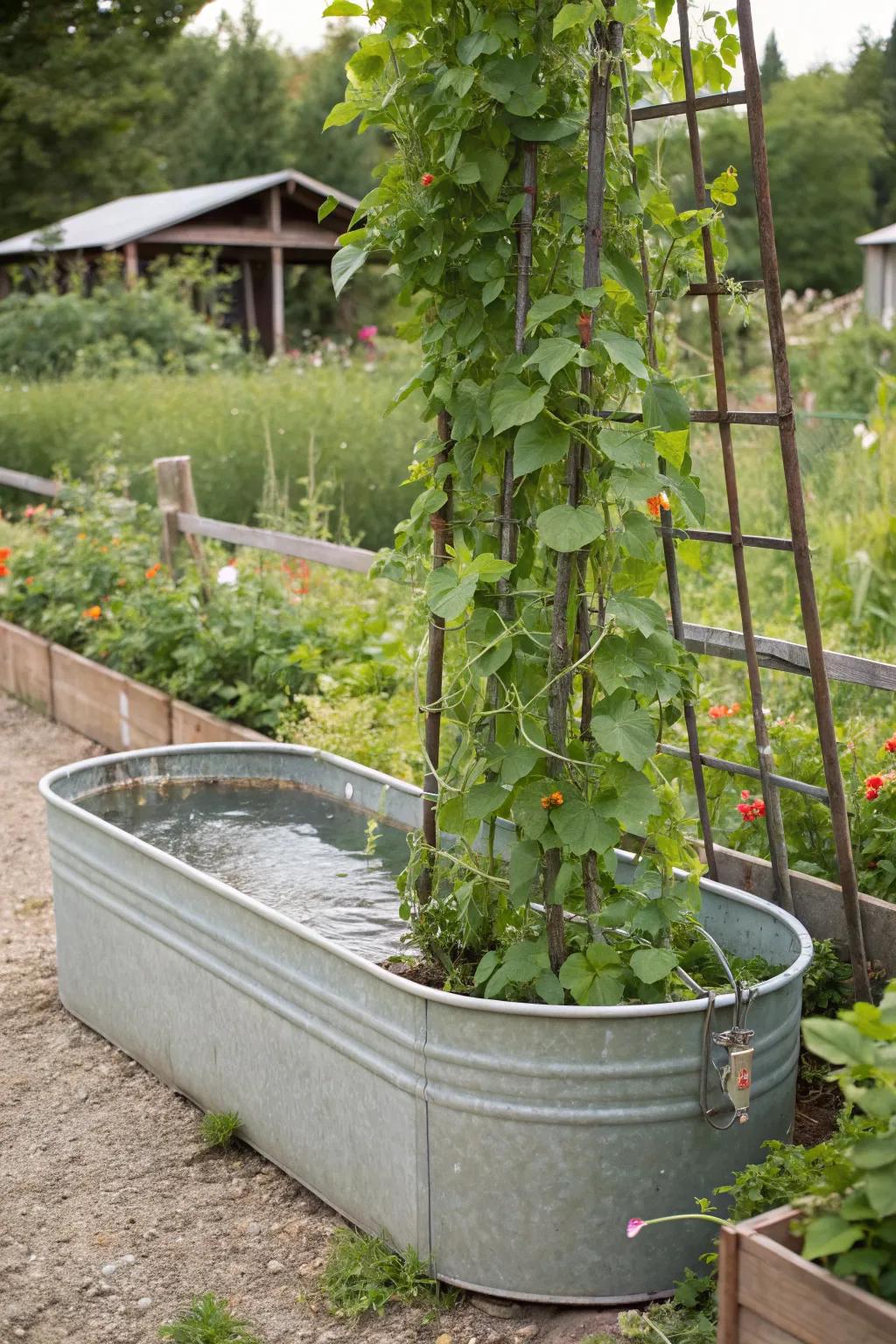 A space-saving vertical vegetable garden using a galvanized trough.