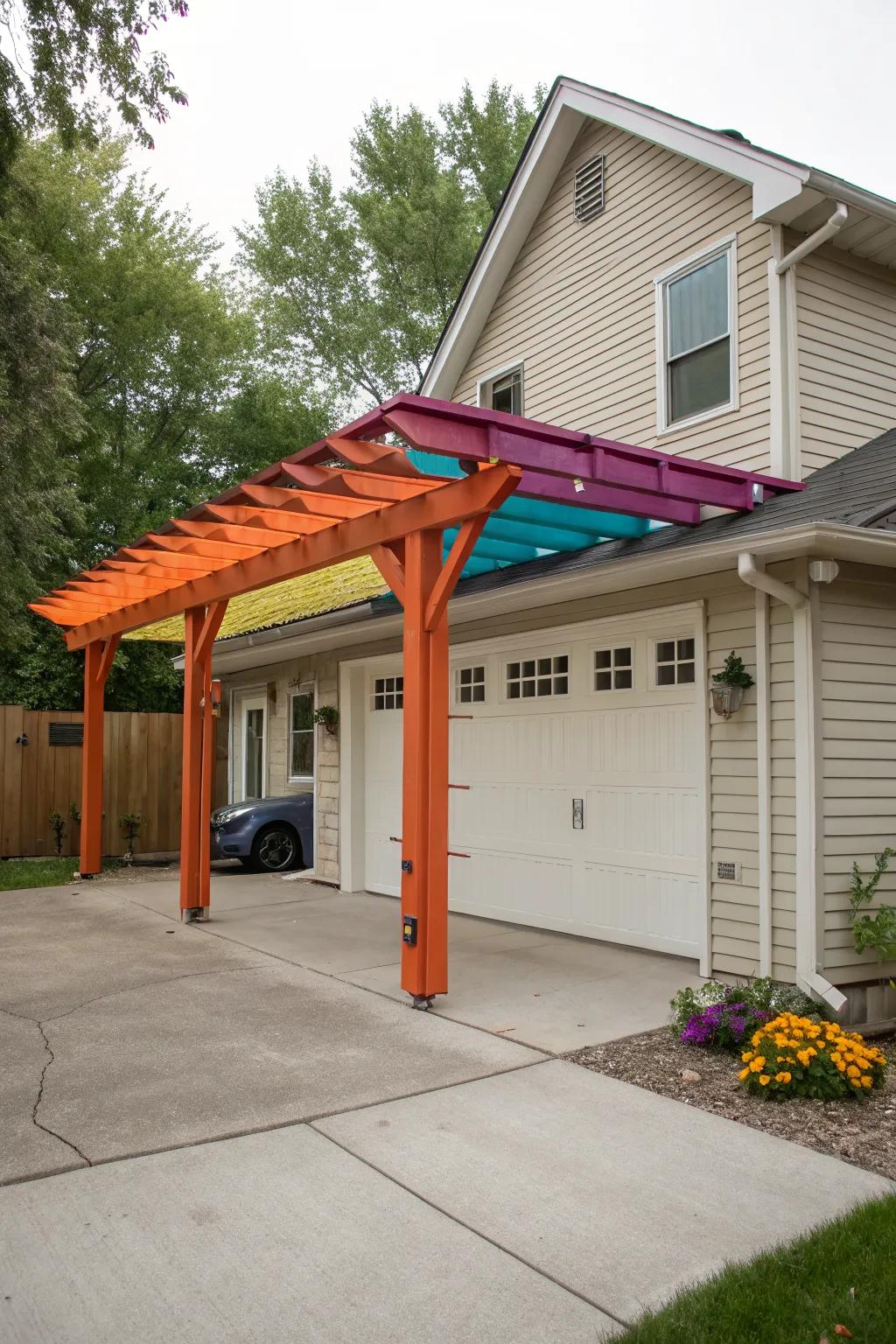 A colorful pergola showcases personality and brightens up the home.