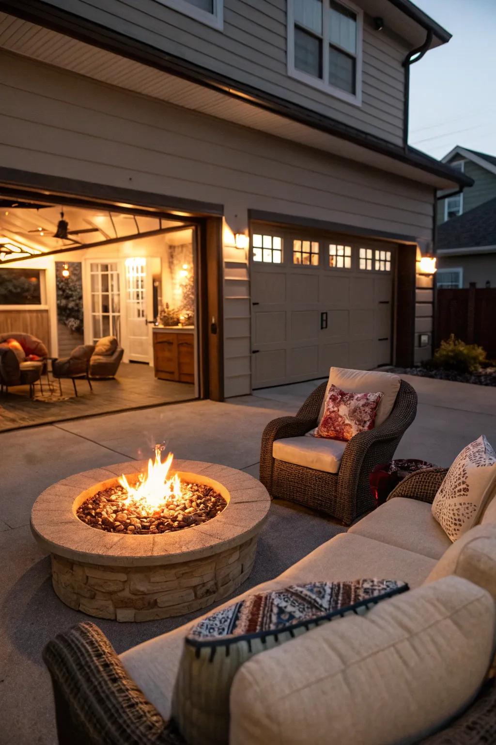 A warm and inviting fire pit centerpiece on a garage patio.
