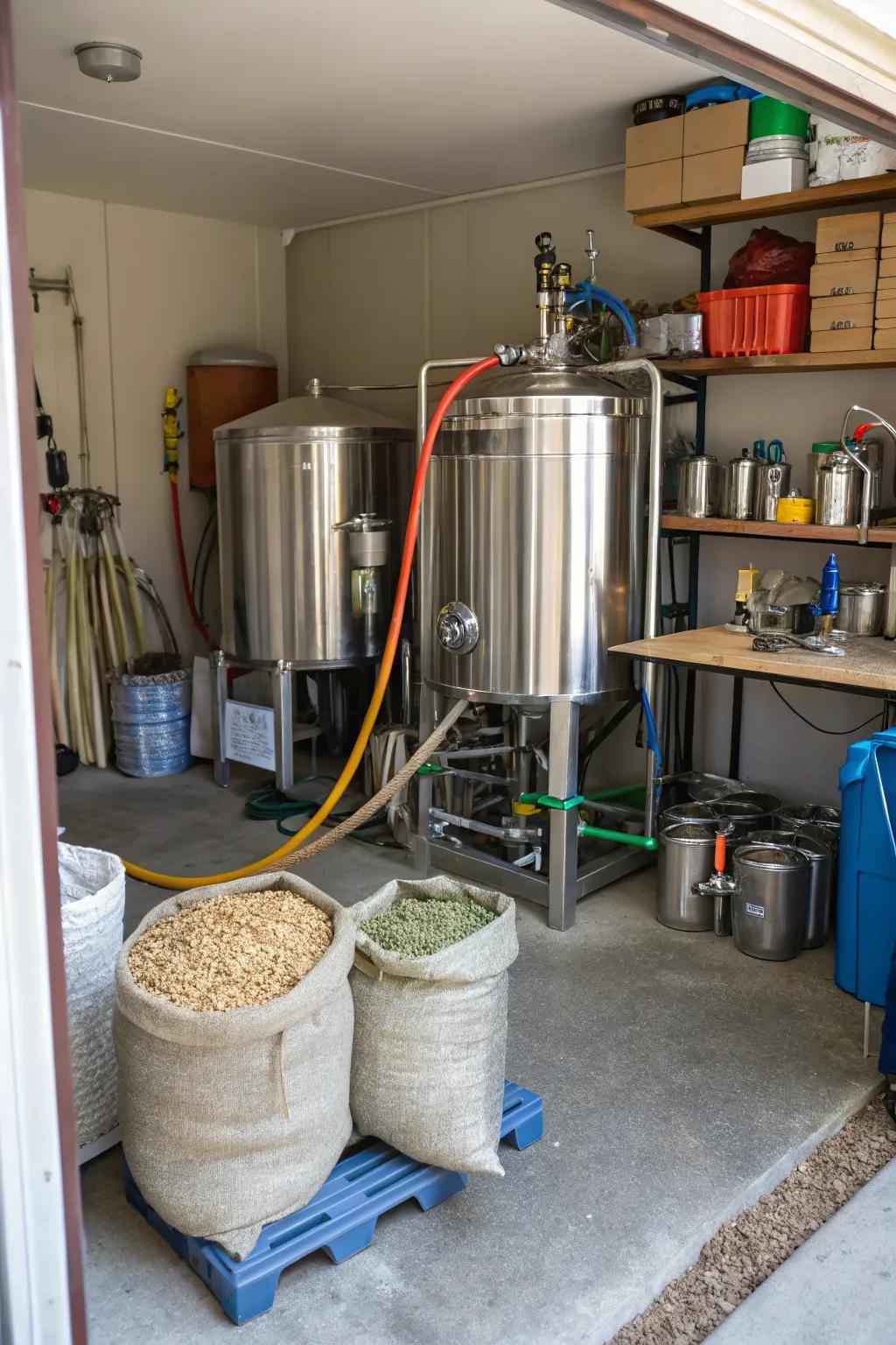 A beer brewing station inside a garage shed.