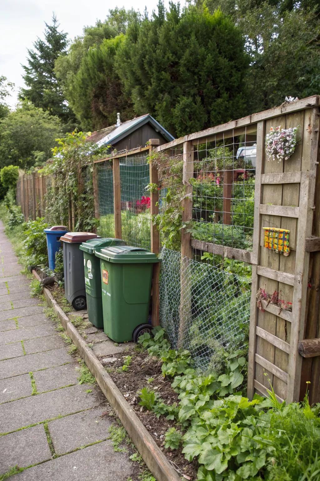 A recycled material fence offers an eco-friendly, personalized solution for trash storage.