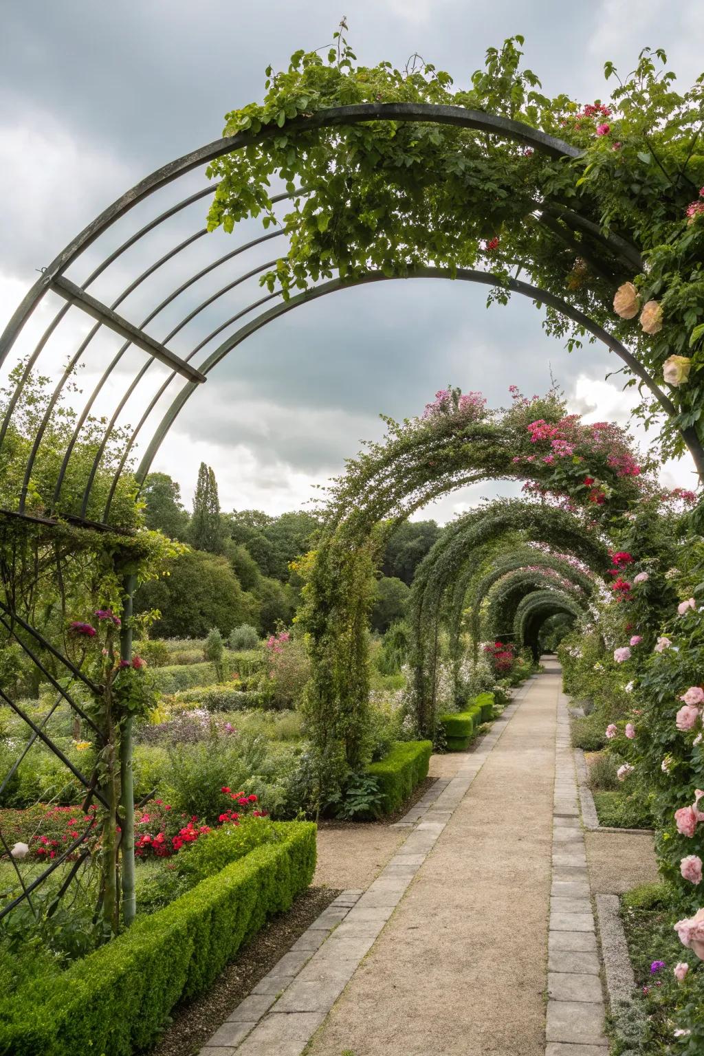 Garden arches serving as dividers between garden sections.