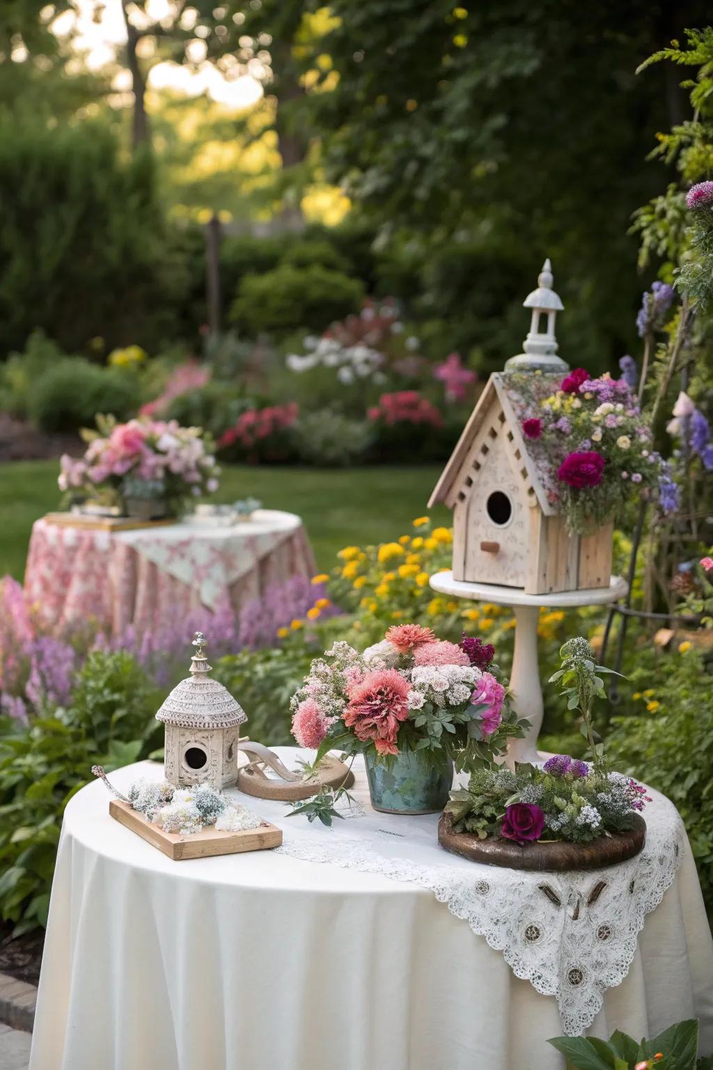 Birdhouses bring a whimsical, outdoorsy touch to the table.