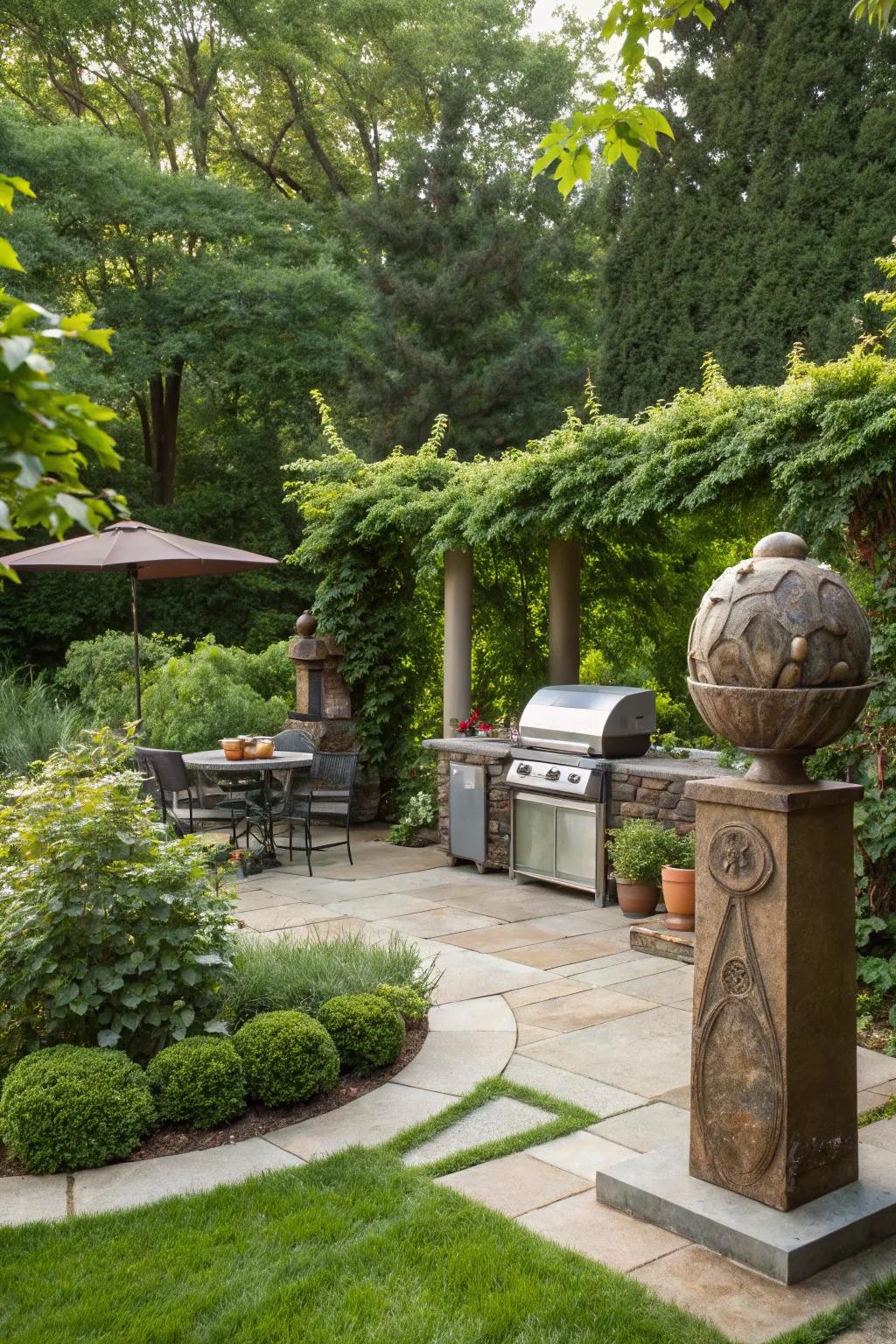Art pieces bring unique charm to your outdoor gathering.