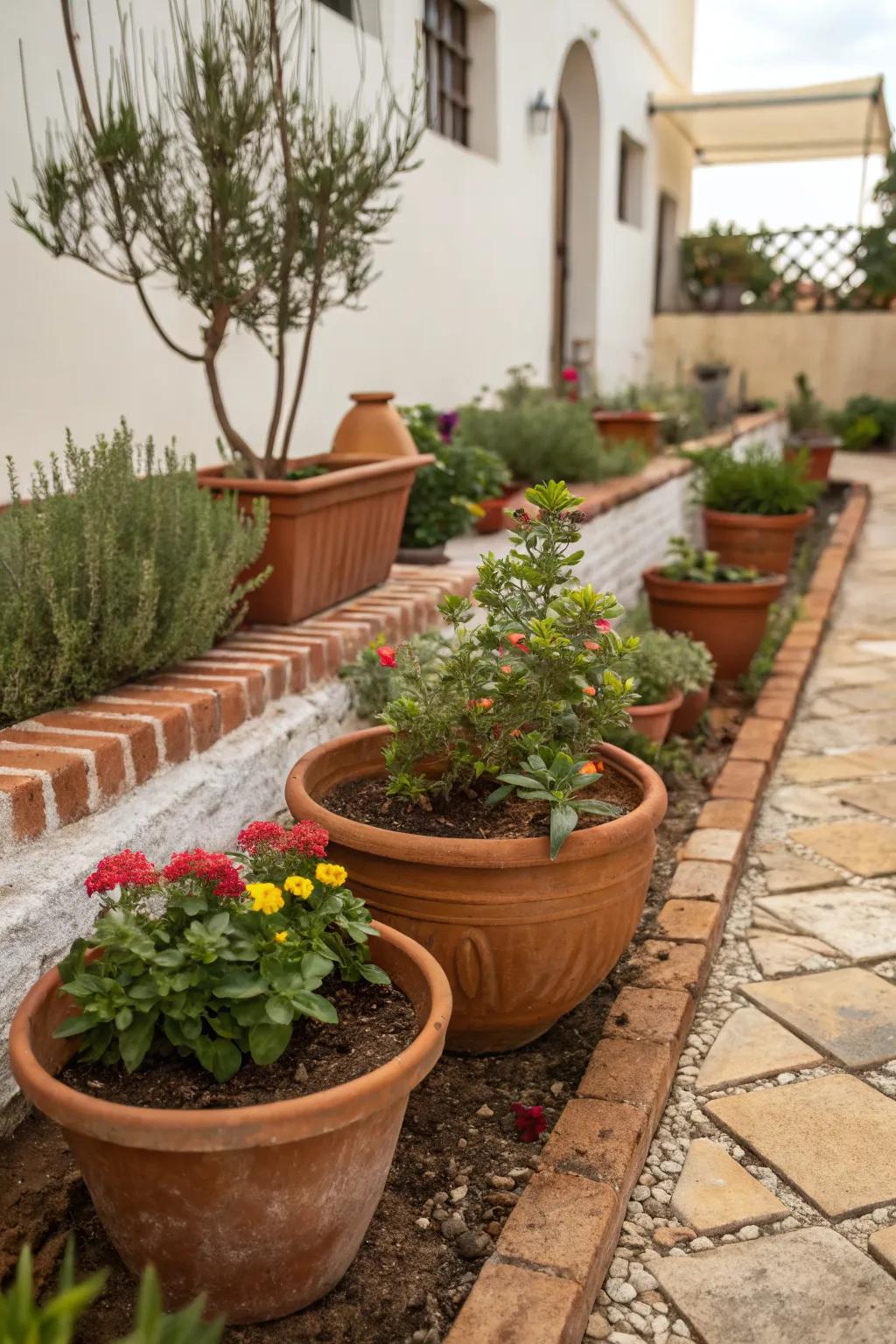 Terracotta pots add Mediterranean flair and functionality.