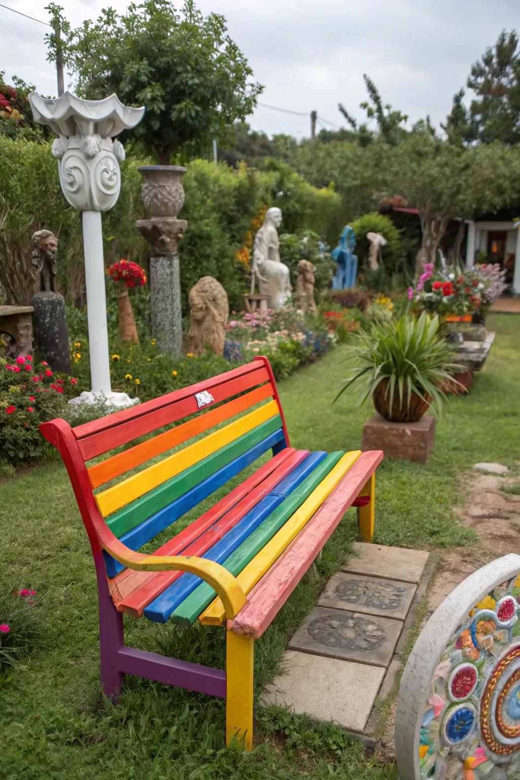 A multicolor bench adds an artistic and playful touch to the garden.