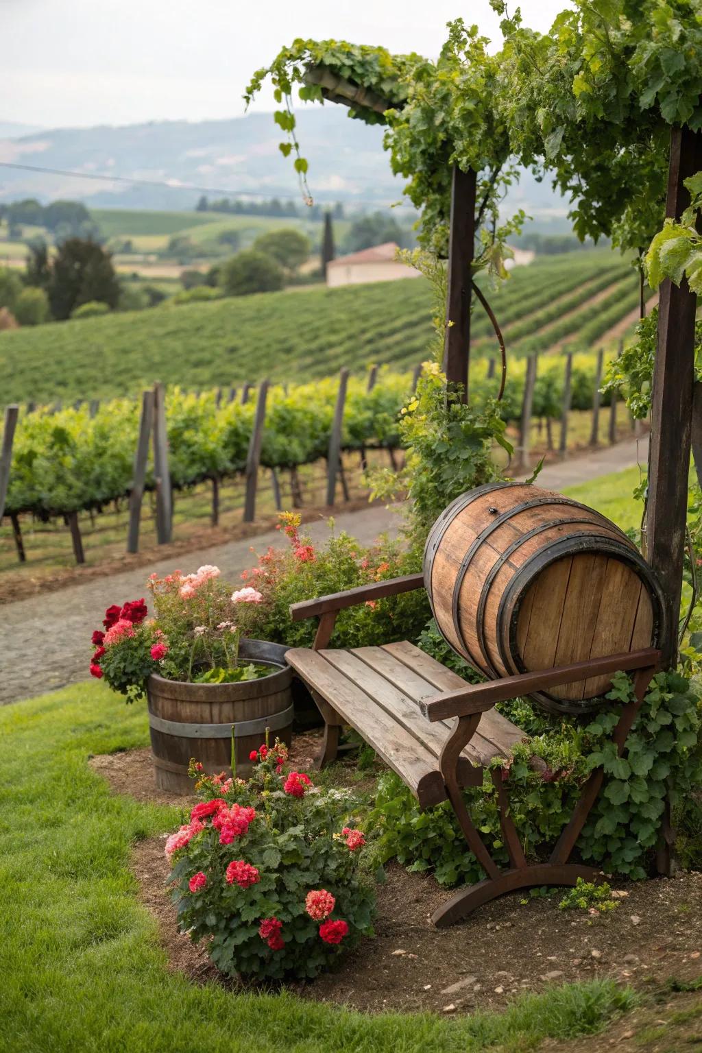 A wine barrel bench, perfect for sipping and relaxing.