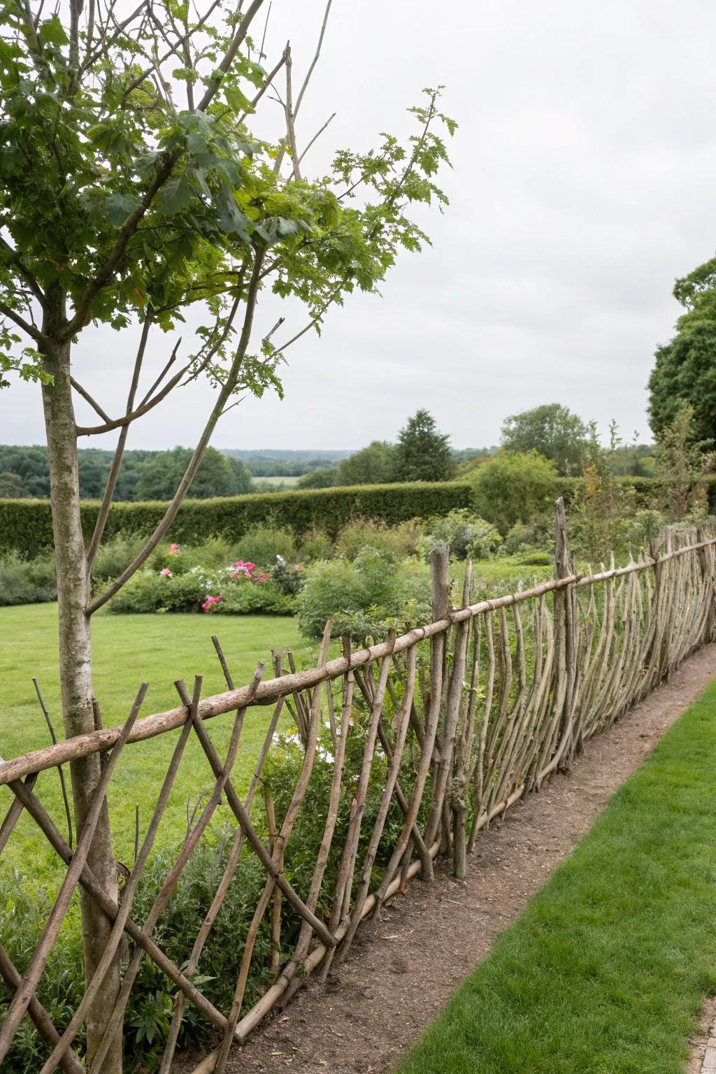 A minimalist branch fence offers sleek elegance to garden settings.